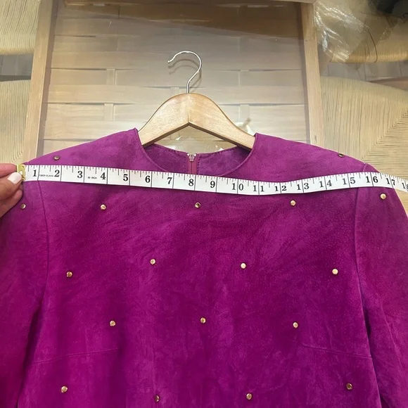 Vintage Daniel Leather Long Sleeve Fuchsia Suede Shift Dress with Stud Detail - Picture 9 of 13